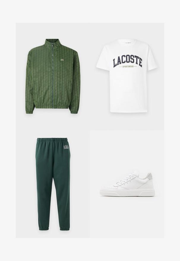 Grøn lynlåsjakke med geometrisk mønster, høj krave, elastiske manchetter og Lacoste-logo på brystet. Letvægtsmateriale.; Hvid t-shirt lavet af bomuld med et navy og olivengrønt "LACOSTE SPORTSWEAR" logo trykt på tværs af brystet i et buet design.; Grønne sweatpants lavet af blødt stof, med elastisk talje, tætsiddende ben og et lille GAP-logo på venstre hofte.; Hvide lædersneakers med en glat finish, rund tå, flade snørebånd og en struktureret sål. Grå ruskindsdetalje ved hælen.