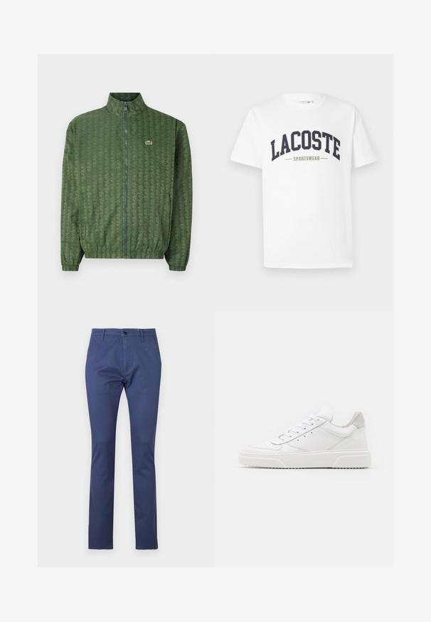Grüne Zip-Jacke mit geometrischem Muster, hohem Kragen, elastischen Bündchen und einem Lacoste-Logo auf der Brust. Leichtes Material.; Weißes T-Shirt aus Baumwolle mit einem in gebogener Form auf der Brust gedruckten Logo "LACOSTE SPORTSWEAR" in Marineblau und Olivgrün.; Marineblaue Hosen aus Baumwolle mit geradem Schnitt, vorderen Taschen, Knopfverschluss und dezenten Stickdetails.; Weiße Leder-Sneaker mit glatter Oberfläche, rundem Zehenbereich, flachen Schnürsenkeln und strukturiertem Schuhsohlen. Graues Wildleder-Detail an der Ferse.