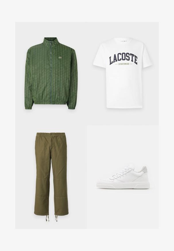 Zelena jakna na zadrgo s geometrijskim uzorkom, visokim ovratnikom, elastičnim manžetama i Lacoste logotipom na prsima. Lagani materijal.; Bela majica iz bombaža z nebesno modrim in olivno zelenim logotipom "LACOSTE SPORTSWEAR" natisnjenim čez prsni del v ukrivljenem dizajnu.; Olivnozeleni široki hlače iz bombaža z elastičnim pasom, gumbom za zapiranje in kontrastnimi obliži na kolenih.; Bele usnjene športne copate z gladkim zaključkom, okroglo konico, ravnimi vezalkami in teksturiranim podplatom. Sivi semiš detajl na peti.