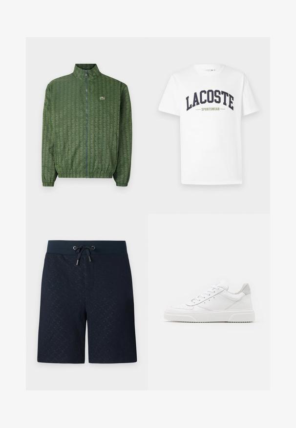 Grüne Zip-Jacke mit geometrischem Muster, hohem Kragen, elastischen Bündchen und einem Lacoste-Logo auf der Brust. Leichtes Material.; Weißes T-Shirt aus Baumwolle mit einem in gebogener Form auf der Brust gedruckten Logo "LACOSTE SPORTSWEAR" in Marineblau und Olivgrün.; Marineblaue Shorts mit strukturiertem Muster, elastischem Bund und Kordelzug. Ausgestattet mit Seitentaschen und einem lockeren Schnitt für mehr Komfort.; Weiße Leder-Sneaker mit glatter Oberfläche, rundem Zehenbereich, flachen Schnürsenkeln und strukturiertem Schuhsohlen. Graues Wildleder-Detail an der Ferse.