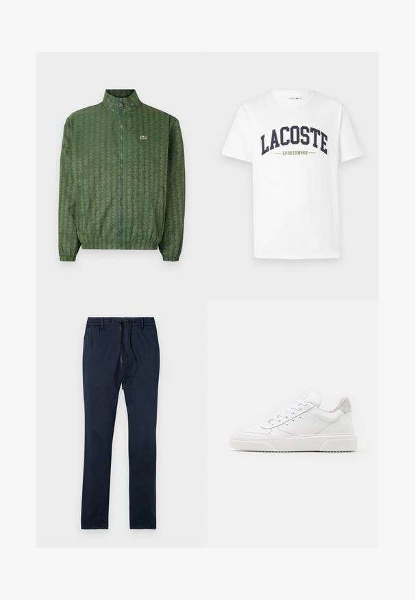Green zip-up jacket with a geometric pattern, high collar, elastic cuffs, and a Lacoste logo on the chest. Lightweight material.; White t-shirt made of cotton featuring a navy and olive green "LACOSTE SPORTSWEAR" logo printed across the chest in a curved design.; Navy cotton pants with an elastic waistband and contrast drawstring. Straight-leg design with a smooth texture and no additional patterns.; White leather sneakers with a smooth finish, rounded toe, flat laces, and a textured sole. Grey suede accent at the heel.
