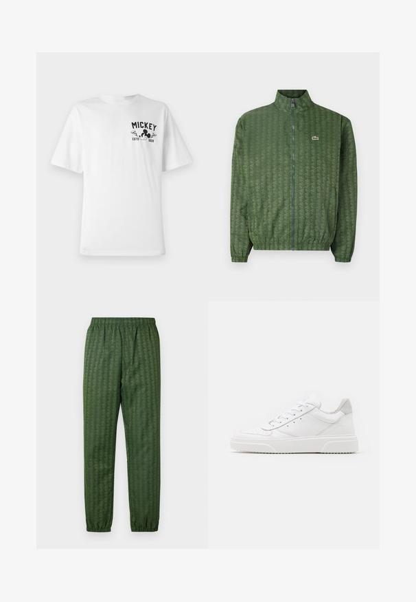 Green zip-up jacket with a geometric pattern, high collar, elastic cuffs, and a Lacoste logo on the chest. Lightweight material.; White cotton t-shirt featuring a black graphic with "MICKEY" and a cartoon character, with a round neckline and short sleeves.; Green patterned athletic pants with an elastic waistband, tapered legs, and a geometric design feature throughout. Made of lightweight material.; White leather sneakers with a smooth finish, rounded toe, flat laces, and a textured sole. Grey suede accent at the heel.