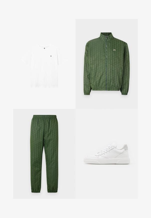 Green zip-up jacket with a geometric pattern, high collar, elastic cuffs, and a Lacoste logo on the chest. Lightweight material.; White short-sleeve crew-neck t-shirt with small circular logo featuring a black "W" on the left chest area.; Green patterned athletic pants with an elastic waistband, tapered legs, and a geometric design feature throughout. Made of lightweight material.; White leather sneakers with a smooth finish, rounded toe, flat laces, and a textured sole. Grey suede accent at the heel.