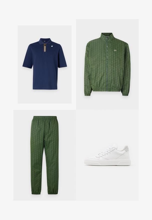 Grüne Zip-Jacke mit geometrischem Muster, hohem Kragen, elastischen Bündchen und einem Lacoste-Logo auf der Brust. Leichtes Material.; Marineblaues Poloshirt aus Baumwolle mit kurzem Reißverschluss und einem Streifendetail in Gelb, Weiß und Schwarz. Mit kleinem Logo auf der Brust.; Grüne Sporthose mit Muster, elastischem Bund, schmal zulaufenden Beinen und durchgehend geometrischem Design. Hergestellt aus leichtem Material.; Weiße Leder-Sneaker mit glatter Oberfläche, rundem Zehenbereich, flachen Schnürsenkeln und strukturiertem Schuhsohlen. Graues Wildleder-Detail an der Ferse.