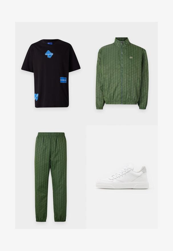 Green zip-up jacket with a geometric pattern, high collar, elastic cuffs, and a Lacoste logo on the chest. Lightweight material.; Black cotton t-shirt with blue graphic prints, including a logo and rectangular label, featuring short sleeves and a relaxed fit.; Green patterned athletic pants with an elastic waistband, tapered legs, and a geometric design feature throughout. Made of lightweight material.; White leather sneakers with a smooth finish, rounded toe, flat laces, and a textured sole. Grey suede accent at the heel.