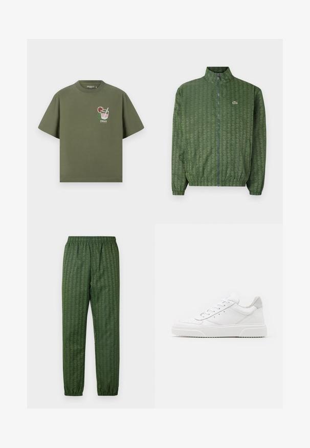 Grüne Zip-Jacke mit geometrischem Muster, hohem Kragen, elastischen Bündchen und einem Lacoste-Logo auf der Brust. Leichtes Material.; Olivengrünes Baumwoll-T-Shirt mit kurzen Ärmeln, das ein gedrucktes Cocktailglas-Design und den Text "AMALFI COAST" in Weiß darunter zeigt.; Grüne Sporthose mit Muster, elastischem Bund, schmal zulaufenden Beinen und durchgehend geometrischem Design. Hergestellt aus leichtem Material.; Weiße Leder-Sneaker mit glatter Oberfläche, rundem Zehenbereich, flachen Schnürsenkeln und strukturiertem Schuhsohlen. Graues Wildleder-Detail an der Ferse.