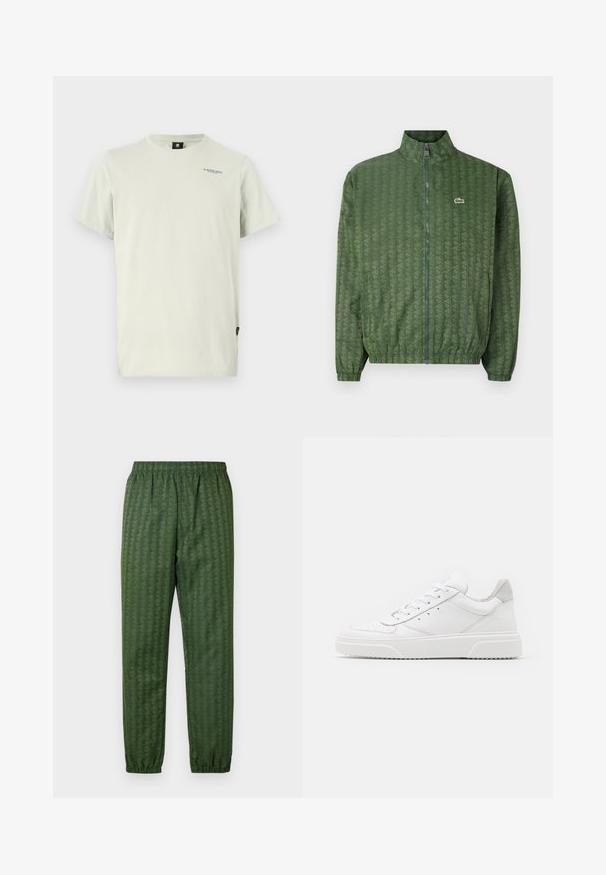 Zelená bunda na zips s geometrickým vzorom, vysokým golierom, elastickými manžetami a logom Lacoste na hrudi. Ľahký materiál.; Svetložlté tričko z mäkkého bavlneného materiálu. Má okrúhly výstrih, krátke rukávy a malé logo potlačené na hornej ľavej strane.; Zelené športové nohavice s elastickým pásom, zúženými nohavicami a celoplošným geometrickým vzorom. Vyrobené z ľahkého materiálu.; Biele kožené tenisky s hladkým povrchom, zaoblenou špičkou, plochými šnúrkami a textúrovanou podrážkou. Sivý semišový akcent na päte.