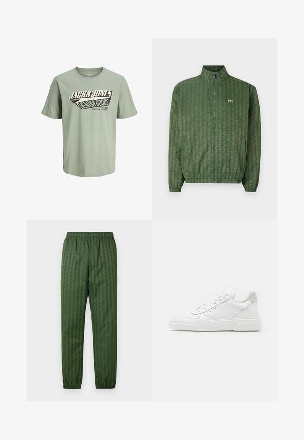 Jachetă verde cu fermoar, având un model geometric, guler înalt, manșete elastice și un logo Lacoste pe piept. Material ușor.; Tricou din bumbac de culoare verde deschis, cu un design grafic în alb și negru care include text. Gât rotund, mâneci scurte și un tiv drept.; Pantaloni atletici verzi cu model, cu talie elastică, picioare înguste și un design geometric în întreaga structură. Fabricat din material ușor.; Adidași din piele albă cu un finisaj neted, vârf rotunjit, șireturi plate și o talpă texturată. Accente din piele întoarsă gri la călcâi.