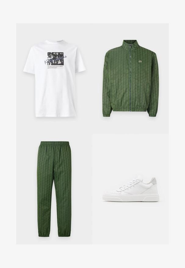 Zaļa zip-up jakas ar ģeometrisku rakstu, augstu apkakli, elastīgām piedurknēm un Lacoste logo uz krūtīm. Viegls materiāls.; Balts kokvilnas T-krekls ar melnbaltu grafisko dizainu un uzrakstu. Īsas piedurknes un apaļa kakla izgriezuma forma.; Zaļi rakstaini sporta bikses ar elastīgu jostasvietu, šaurām comojumi un ģeometrisku dizainu visā virsmā. Izgatavotas no viegla materiāla.; Baltie ādas sporta apavi ar gludu virsmu, noapaļotu purngalu, plakaniem šņorēm un reljefa zoli. Pelēks zamšādas akcenti pie papēža.