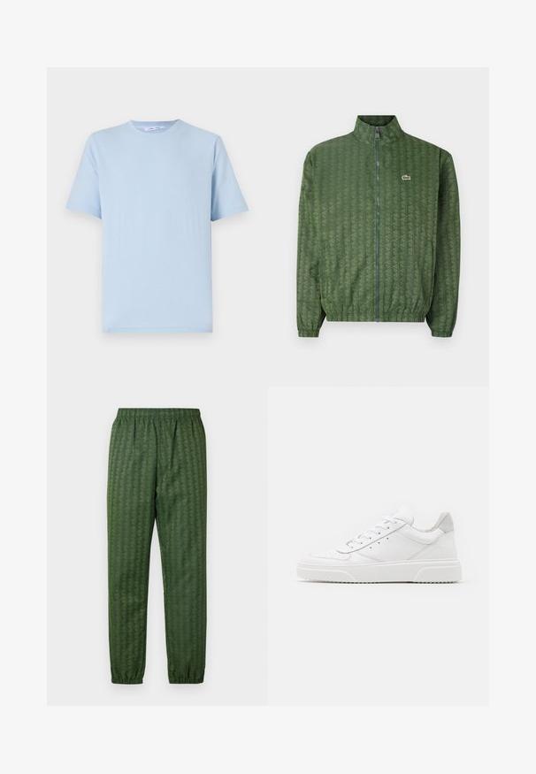 Green zip-up jacket with a geometric pattern, high collar, elastic cuffs, and a Lacoste logo on the chest. Lightweight material.; Light blue short-sleeve t-shirt made of soft cotton. Features a crew neck and a relaxed fit, with smooth texture and no visible patterns.; Green patterned athletic pants with an elastic waistband, tapered legs, and a geometric design feature throughout. Made of lightweight material.; White leather sneakers with a smooth finish, rounded toe, flat laces, and a textured sole. Grey suede accent at the heel.