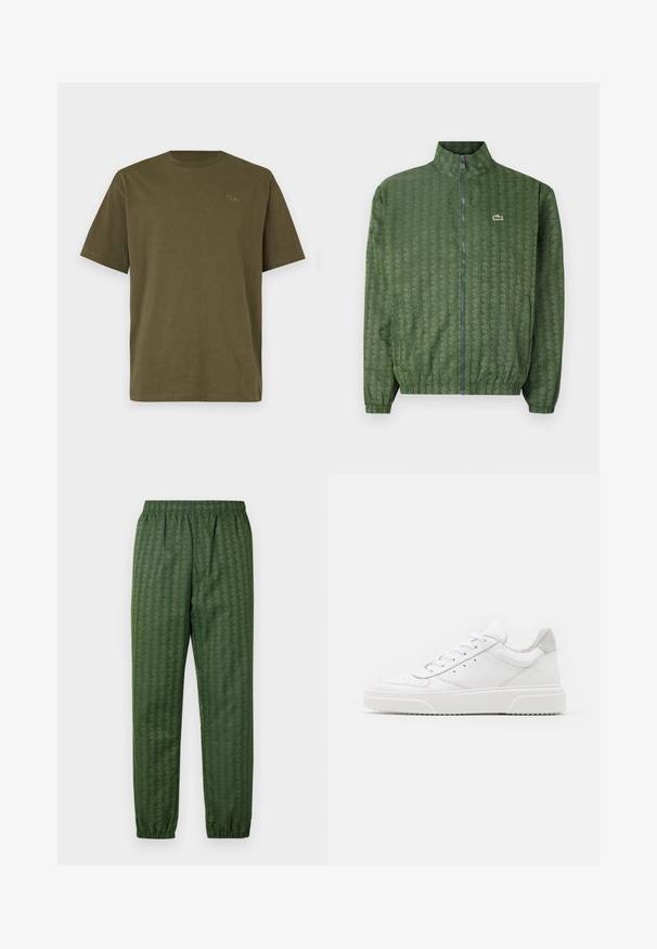Casaco verde com fecho éclair, padrão geométrico, gola alta, punhos elásticos e um logótipo Lacoste no peito. Material leve.; T-shirt de algodão verde oliva, mangas curtas, gola redonda, apresenta um pequeno logotipo bordado no peito, textura suave, design simples.; Calças de treino verdes com padrão, cintura elástica, pernas afuniladas e um design geométrico em toda a sua extensão. Feitas de material leve.; Ténis brancos em pele com acabamento suave, biqueira arredondada, atacadores planos e sola texturizada. Acento em camurça cinza na parte do calcanhar.