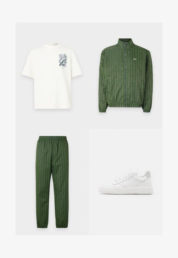 Zaļa zip-up jakas ar ģeometrisku rakstu, augstu apkakli, elastīgām piedurknēm un Lacoste logo uz krūtīm. Viegls materiāls.; Balta kokvilnas T-krekls ar īsām piedurknēm, apaļu kakla izgriezumu un pelēku māksliniecisku grafiku kreisajā krūtīs, kas attēlo abstraktas formas.; Zaļi rakstaini sporta bikses ar elastīgu jostasvietu, šaurām comojumi un ģeometrisku dizainu visā virsmā. Izgatavotas no viegla materiāla.; Baltie ādas sporta apavi ar gludu virsmu, noapaļotu purngalu, plakaniem šņorēm un reljefa zoli. Pelēks zamšādas akcenti pie papēža.