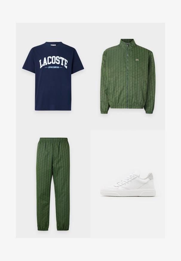Grön zip-up jacka med geometriskt mönster, hög krage, elastiska ärmar och en Lacoste-logotyp på bröstet. Lätt material.; Mörkblå bomulls t-shirt med rund halsringning och korta ärmar. Har stor, vit text "LACOSTE" och "SPORTSWEAR" i ljusblått nedan.; Gröna mönstrade träningsbyxor med elastisk midja, avsmalnande ben och ett geometriskt mönster genom hela byxorna. Tillverkade av lätt material.; Vita lädersneakers med en slät yta, rund tå, platta snören och en texturerad sula. Grå mockadetalj vid hälen.