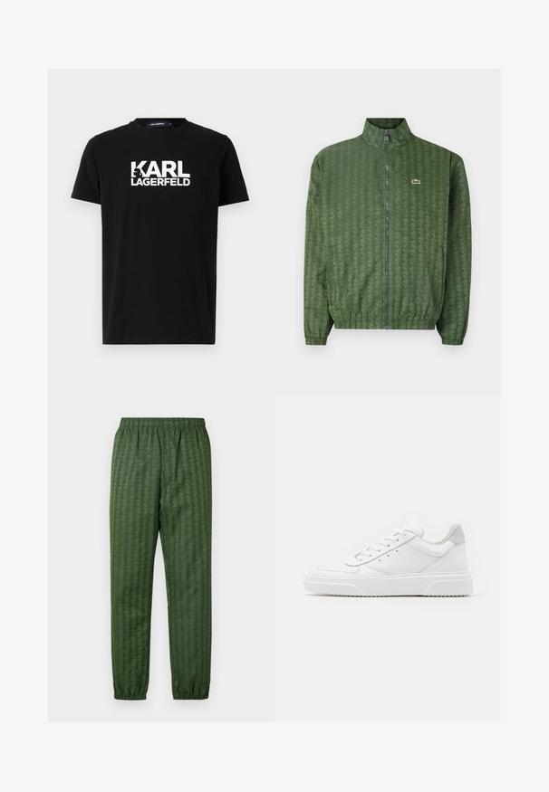 Žalias džemperis užtrauktuku, su geometriniu raštu, aukšta apykakle, elastiniais rankogaliais ir Lacoste logotipu ant krūtinės. Lengvas audinys.; Juodas medvilninis marškinėliai trumpomis rankovėmis, su ryškiu baltu tekstu "KARL LAGERFELD" priekyje ir apvaliu kaklu.; Žalios spalvos sportinės kelnės su elastingu juosmeniu, siaurėjančiomis kojomis ir geometrijos dizainu visame paviršiuje. Pagamintos iš lengvos medžiagos.; Balti odiniai sportbačiai su lygiu paviršiumi, apvaliu pirštu, plokščiomis raištelėmis ir struktūrizuota padu. Pilko zimšo akcentas ant kulno.