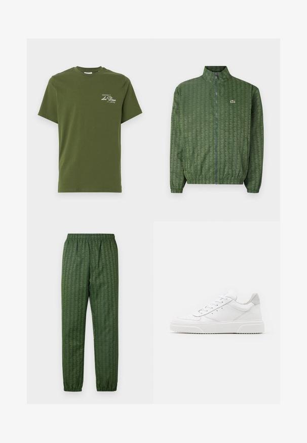 Zaļa zip-up jakas ar ģeometrisku rakstu, augstu apkakli, elastīgām piedurknēm un Lacoste logo uz krūtīm. Viegls materiāls.; Olīvu zaļa kokvilnas T-kreklu ar īsām piedurknēm, apaļu kakla izgriezumu un baltu drukātu tekstu kreisajā krūšu pusē. Gluda tekstūra, ikdienišķs dizains.; Zaļi rakstaini sporta bikses ar elastīgu jostasvietu, šaurām comojumi un ģeometrisku dizainu visā virsmā. Izgatavotas no viegla materiāla.; Baltie ādas sporta apavi ar gludu virsmu, noapaļotu purngalu, plakaniem šņorēm un reljefa zoli. Pelēks zamšādas akcenti pie papēža.
