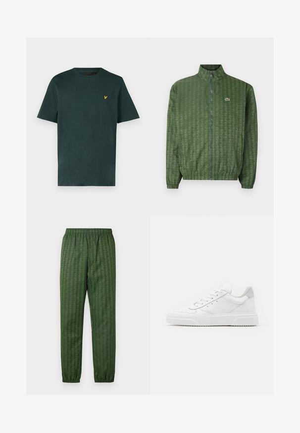 Žalias džemperis užtrauktuku, su geometriniu raštu, aukšta apykakle, elastiniais rankogaliais ir Lacoste logotipu ant krūtinės. Lengvas audinys.; Lyle & Scott Paprasti marškinėliai - argyle teal; Žalios spalvos sportinės kelnės su elastingu juosmeniu, siaurėjančiomis kojomis ir geometrijos dizainu visame paviršiuje. Pagamintos iš lengvos medžiagos.; Balti odiniai sportbačiai su lygiu paviršiumi, apvaliu pirštu, plokščiomis raištelėmis ir struktūrizuota padu. Pilko zimšo akcentas ant kulno.