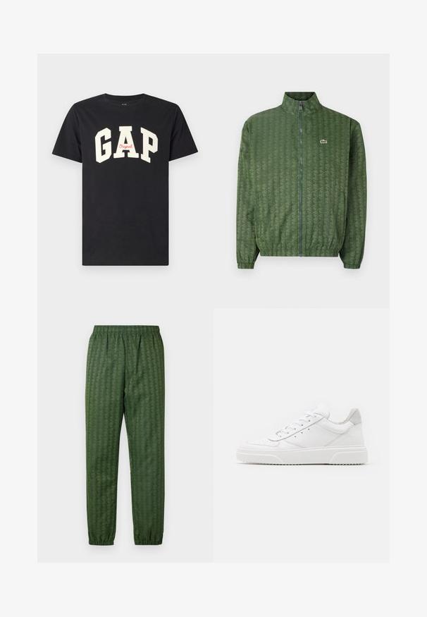 Chaqueta verde con cierre de cremallera y un patrón geométrico, cuello alto, puños elásticos y el logo de Lacoste en el pecho. Material ligero.; Camiseta de algodón negra con letras blancas en negrita que dicen "GAP" y la palabra "Original" en rojo debajo. Diseño clásico de cuello redondo.; Pantalones deportivos verdes con estampado, cintura elástica, piernas ajustadas y un diseño geométrico en toda su superficie. Hechos de un material ligero.; Zapatillas de cuero blanca con un acabado suave, punta redondeada, cordones planos y una suela texturada. Acento de ante gris en el talón.