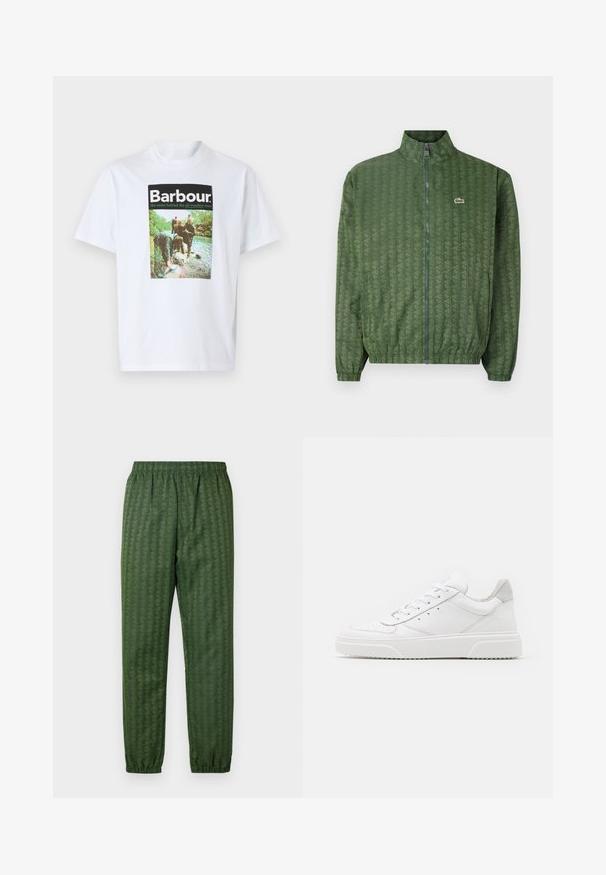 Roheline tõmbluku jao jakker, millel on geomeetriline muster, kõrge krae, elastsed mansetid ja Lacoste logo rinna piirkonnas. Kerge materjal.; Valge puuvillane t-särk, millel on värviline grafititrükk sõnaga "Barbour" ja väliemaastik, kus on inimesi jõe ääres.; Roheline mustriga spordipüksid elastse vöökohtadega, kitsenevad sääred ja geomeetrilise disainiga kogu ulatuses. Valmistatud kerge materjali kasutamisel.; Valged nahast spordijalatsid siledast nahast viimistlusega, ümarate varvastega, lamekestega ja tekstuuriga tallaga. Hall suede aktsent kanna juures.