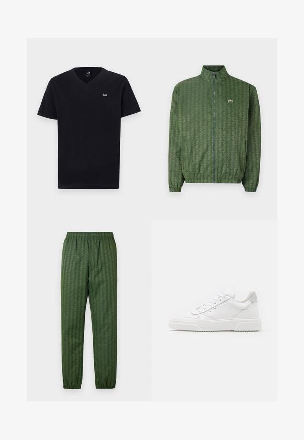 Zelená bunda na zips s geometrickým vzorom, vysokým golierom, elastickými manžetami a logom Lacoste na hrudi. Ľahký materiál.; Čierne bavlnené tričko s výstrihom do V, krátkymi rukávmi a malým bielym vyšitým logom na ľavej hrudi. Hladká textura, klasický strih.; Zelené športové nohavice s elastickým pásom, zúženými nohavicami a celoplošným geometrickým vzorom. Vyrobené z ľahkého materiálu.; Biele kožené tenisky s hladkým povrchom, zaoblenou špičkou, plochými šnúrkami a textúrovanou podrážkou. Sivý semišový akcent na päte.