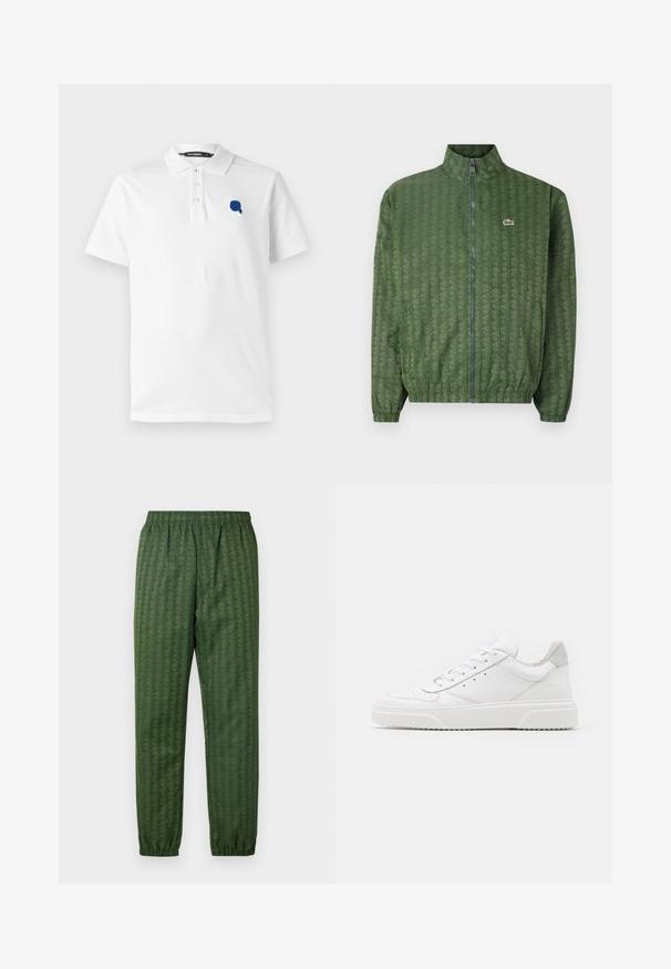 Casaco verde com fecho éclair, padrão geométrico, gola alta, punhos elásticos e um logótipo Lacoste no peito. Material leve.; Camisa polo branca, material de algodão, mangas curtas, com abertura de três botões, com um logótipo bordado azul no lado esquerdo do peito.; Calças de treino verdes com padrão, cintura elástica, pernas afuniladas e um design geométrico em toda a sua extensão. Feitas de material leve.; Ténis brancos em pele com acabamento suave, biqueira arredondada, atacadores planos e sola texturizada. Acento em camurça cinza na parte do calcanhar.
