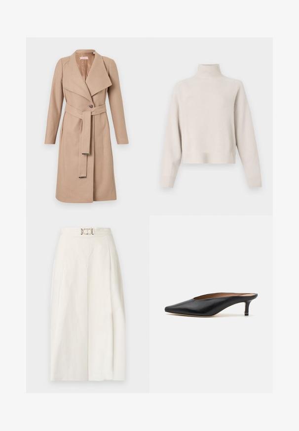 Manteau en laine beige à mi-longueur avec grands revers, un seul bouton, ceinture assortie avec embouts en métal, et manches longues, présenté à plat sur fond blanc.; Pull à col roulé beige clair en tissu doux. Dispose d'une coupe décontractée, d'un ourlet et de poignets côtelés, et de manches longues. Design minimaliste.; Pantalons larges en tissu coton blanc. Dotés d'une taille haute avec un pli avant et un détail de boucle en métal sur la ceinture. Texture lisse.; Mules en cuir noir avec un bout pointu et un petit talon carré. Texture lisse avec un design épuré. Dos ouvert avec un minimum de détails.