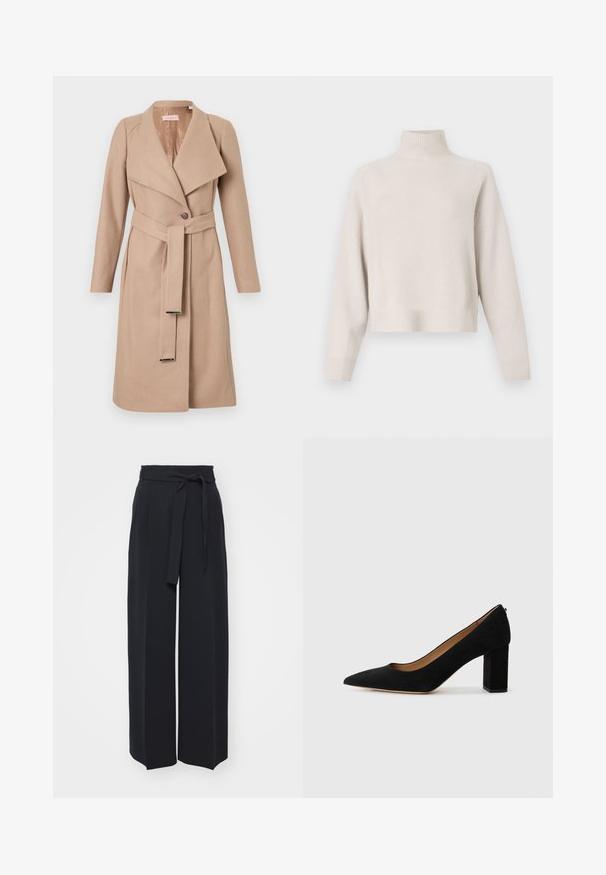 Beige knee-length wool coat with wide lapels, single button, matching belt with metal tips, and long sleeves, displayed flat against white background.; Light beige turtleneck sweater made of soft fabric. Features a relaxed fit, ribbed hem and cuffs, and long sleeves. Minimalist design.; Wide-leg black trousers made of soft fabric. Features a belted waistband and front pleats. Smooth texture with a clean, contemporary design.; Black suede high-heeled pump with a pointed toe and a block heel. Smooth texture with a low cut around the ankle for added comfort.