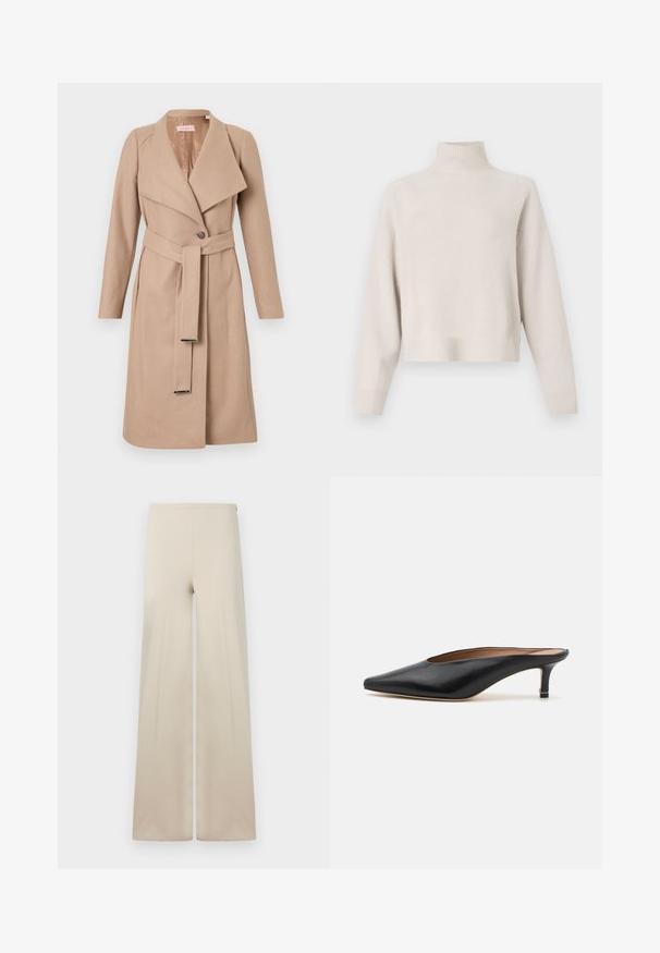 Beige knee-length wool coat with wide lapels, single button, matching belt with metal tips, and long sleeves, displayed flat against white background.; Light beige turtleneck sweater made of soft fabric. Features a relaxed fit, ribbed hem and cuffs, and long sleeves. Minimalist design.; Beige wide-leg pants made from soft fabric with a smooth texture. Features a high elastic waistband for comfort and a clean, minimalist design.; Black leather mules with a pointed toe and low, block heel. Smooth texture with a sleek design. Open back with minimal detailing.