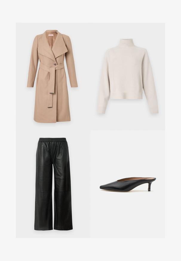 Beige knee-length wool coat with wide lapels, single button, matching belt with metal tips, and long sleeves, displayed flat against white background.; Light beige turtleneck sweater made of soft fabric. Features a relaxed fit, ribbed hem and cuffs, and long sleeves. Minimalist design.; Black leather wide-legged pants with an elastic waistband, featuring a smooth texture and minimal seam detailing.; Black leather mules with a pointed toe and low, block heel. Smooth texture with a sleek design. Open back with minimal detailing.
