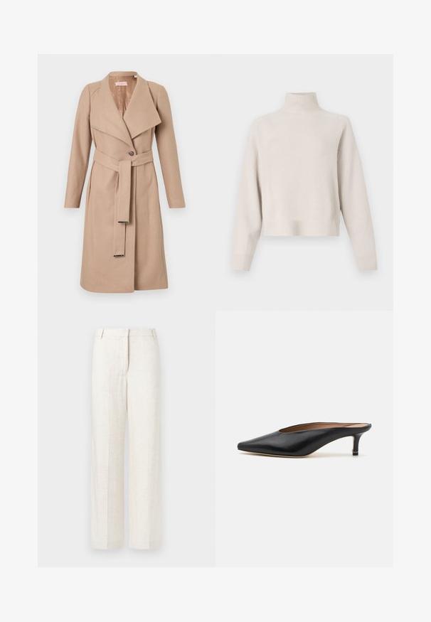 Beige knee-length wool coat with wide lapels, single button, matching belt with metal tips, and long sleeves, displayed flat against white background.; Light beige turtleneck sweater made of soft fabric. Features a relaxed fit, ribbed hem and cuffs, and long sleeves. Minimalist design.; Beige wide-leg trousers in a linen blend, featuring a smooth texture, classic front pleats, and side pockets for added functionality.; Black leather mules with a pointed toe and low, block heel. Smooth texture with a sleek design. Open back with minimal detailing.
