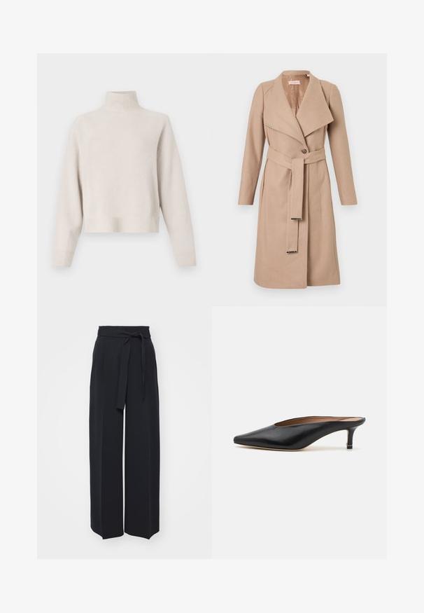 Beige wollen mantel tot de knie met brede revers, enkele knoop, bijpassende riem met metalen tips en lange mouwen, plat weergegeven tegen een witte achtergrond.; Lichtbeige coltrui gemaakt van zachte stof. Kenmerkt zich door een relaxte pasvorm, ribbelboorden en lange mouwen. Minimalistisch ontwerp.; Zwarte wijde broek van zachte stof. Voorzien van een ceintuur en plooien aan de voorkant. Glad textuur met een strakke, hedendaagse stijl.; Zwarte leren muiltjes met een puntige neus en een lage, blokhak. Glad oppervlak met een gestroomlijnd ontwerp. Open achterkant met minimale details.