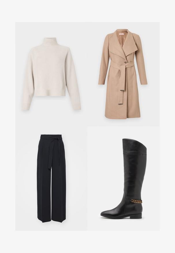 Beige knielanger Wollmantel mit breiten Revers, einem Knopf, passendem Gürtel mit Metallspitzen und langen Ärmeln, flach auf einem weißen Hintergrund präsentiert.; Hellbeige Rollkragenpullover aus weichem Stoff. Bietet einen lässigen Schnitt, gerippte Säume und Manschetten sowie lange Ärmel. Minimalistisches Design.; Schwarze weite Hosen aus weichem Stoff. Mit einem Gürteltäfelchen und vorderen Falten. Glatte Textur mit einem klaren, modernen Design.; Hohe schwarze Lederstiefel mit elegantem Design, spitzer Zehe und einem goldenen Kettenakzent am Knöchel. Tiefer Blockabsatz. Glatte Textur.