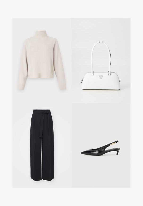 Beige knee-length wool coat with wide lapels, single button, matching belt with metal tips, and long sleeves, displayed flat against white background.; Light beige turtleneck sweater made of soft fabric. Features a relaxed fit, ribbed hem and cuffs, and long sleeves. Minimalist design.; Wide-leg black trousers made of soft fabric. Features a belted waistband and front pleats. Smooth texture with a clean, contemporary design.; Black leather slingback heels with a pointed toe, featuring a slim heel and a gold-tone accent on the adjustable strap. Smooth texture.; White leather handbag with a curved shape, featuring a silver triangular logo and zipper closure. Smooth texture and dual handles.