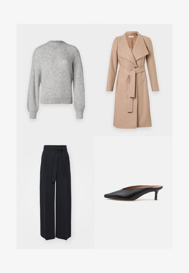 Beige knielanger Wollmantel mit breiten Revers, einem Knopf, passendem Gürtel mit Metallspitzen und langen Ärmeln, flach auf einem weißen Hintergrund präsentiert.; Hellgrauer, gestrickter Pullover aus weichem Stoff, mit rundem Halsausschnitt und langen, leicht puffigen Ärmeln mit gerippten Säumen.; Schwarze weite Hosen aus weichem Stoff. Mit einem Gürteltäfelchen und vorderen Falten. Glatte Textur mit einem klaren, modernen Design.; Schwarze Leder-Mules mit spitzem Zehenbereich und niedrigem Blockabsatz. Glatte Textur mit elegantem Design. Offene Rückseite mit minimaler Gestaltung.
