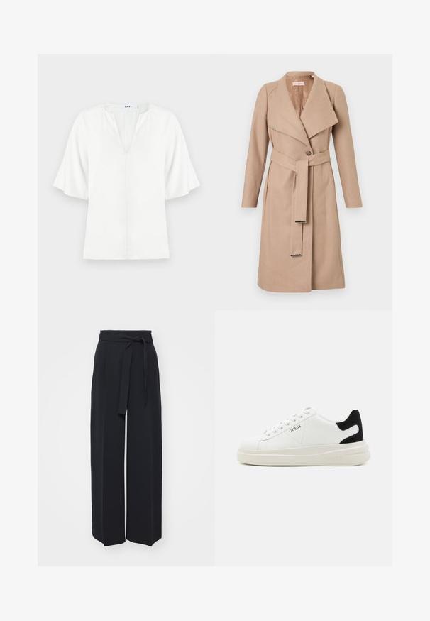 Beige knee-length wool coat with wide lapels, single button, matching belt with metal tips, and long sleeves, displayed flat against white background.; White blouse with a V-neckline and wide short sleeves. Made from lightweight fabric, features a simple, smooth texture with no visible patterns.; Wide-leg black trousers made of soft fabric. Features a belted waistband and front pleats. Smooth texture with a clean, contemporary design.; White leather sneakers with a thick white sole, black suede heel accent, and embossed logo on the side. Laced design with six eyelets.