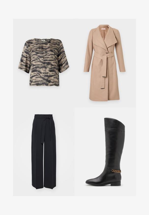 Abrigo de lana beige hasta la rodilla con solapas anchas, botón único, cinturón a juego con puntas metálicas y mangas largas, presentado plano sobre fondo blanco.; Top corto de manga corta en textura de canalé con un patrón de rayas de tigre beige y negro. Presenta un escote redondo y un corte relajado.; Pantalones negros de pierna ancha hechos de una tela suave. Presentan una cintura con cinturón y pliegues en la parte delantera. Textura suave con un diseño limpio y contemporáneo.; Botas altas de cuero negro con un diseño elegante, punta afilada y un acento de cadena dorada en el tobillo. Tacón bajo tipo bloque. Textura suave.
