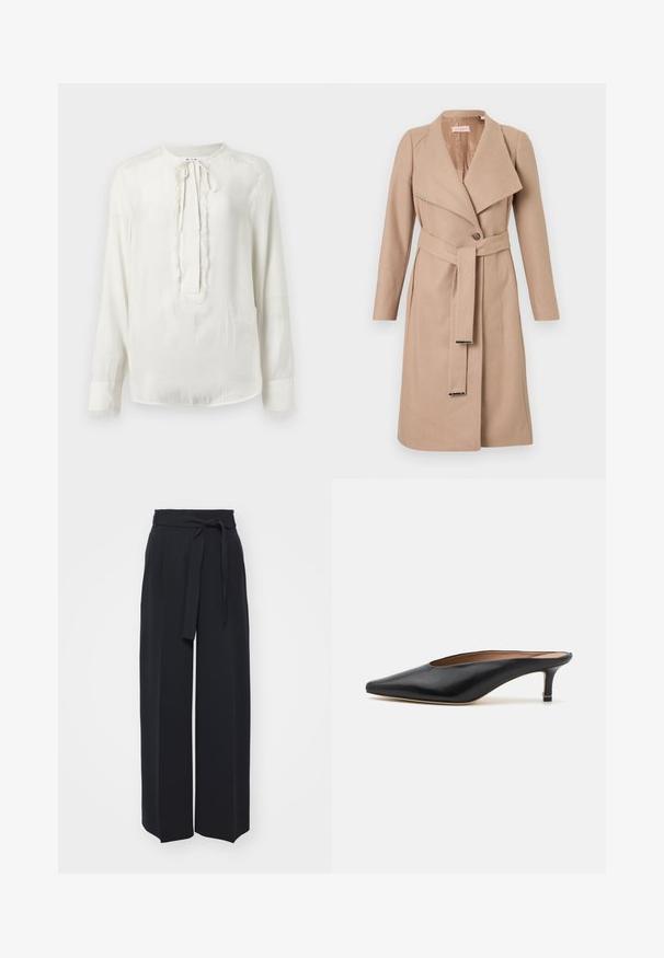 Beige wollen mantel tot de knie met brede revers, enkele knoop, bijpassende riem met metalen tips en lange mouwen, plat weergegeven tegen een witte achtergrond.; Witte blouse met lange mouwen, een ronde halslijn en striksluiting. Bevat een getextureerde afwerking langs de voorkant en manchetten. Soepele stofafwerking.; Zwarte wijde broek van zachte stof. Voorzien van een ceintuur en plooien aan de voorkant. Glad textuur met een strakke, hedendaagse stijl.; Zwarte leren muiltjes met een puntige neus en een lage, blokhak. Glad oppervlak met een gestroomlijnd ontwerp. Open achterkant met minimale details.