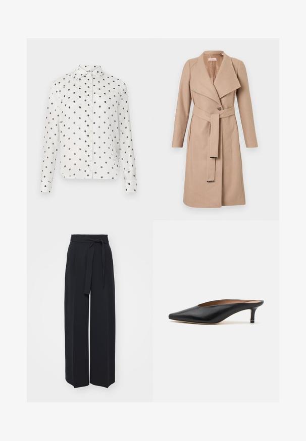 Beige knee-length wool coat with wide lapels, single button, matching belt with metal tips, and long sleeves, displayed flat against white background.; White button-up shirt with navy polka dots, featuring a classic collar and long sleeves. Made of smooth fabric, with button closures down the front.; Wide-leg black trousers made of soft fabric. Features a belted waistband and front pleats. Smooth texture with a clean, contemporary design.; Black leather mules with a pointed toe and low, block heel. Smooth texture with a sleek design. Open back with minimal detailing.