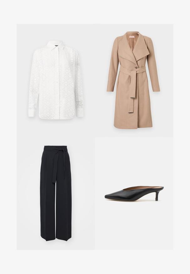 Beige knee-length wool coat with wide lapels, single button, matching belt with metal tips, and long sleeves, displayed flat against white background.; White long-sleeve shirt with a subtle geometric pattern, featuring a button-down front, collar, and cuffs; made from lightweight fabric.; Wide-leg black trousers made of soft fabric. Features a belted waistband and front pleats. Smooth texture with a clean, contemporary design.; Black leather mules with a pointed toe and low, block heel. Smooth texture with a sleek design. Open back with minimal detailing.