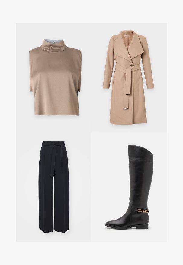 Beige knälång ullkappa med breda slag, enkel knapp, matchande bälte med metallspetsar och långa ärmar, visad liggande mot vit bakgrund.; Kort topp i mjukt, taupe tyg med hög krage och korta ärmar, med knäppning bak och ren fåll.; Breda svarta byxor i mjukt material. Har ett bälte i midjan och framfällor. Slät struktur med en ren, modern design.; Höga svarta läderstövlar med en strömlinjeformad design, spetsig tå och en guldkedja vid vristen. Låg klack. Slät yta.