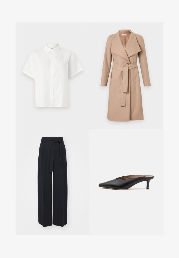 Beige knee-length wool coat with wide lapels, single button, matching belt with metal tips, and long sleeves, displayed flat against white background.; White short-sleeve shirt made of linen with a pointed collar and button-down front. Features a relaxed fit and smooth texture.; Wide-leg black trousers made of soft fabric. Features a belted waistband and front pleats. Smooth texture with a clean, contemporary design.; Black leather mules with a pointed toe and low, block heel. Smooth texture with a sleek design. Open back with minimal detailing.