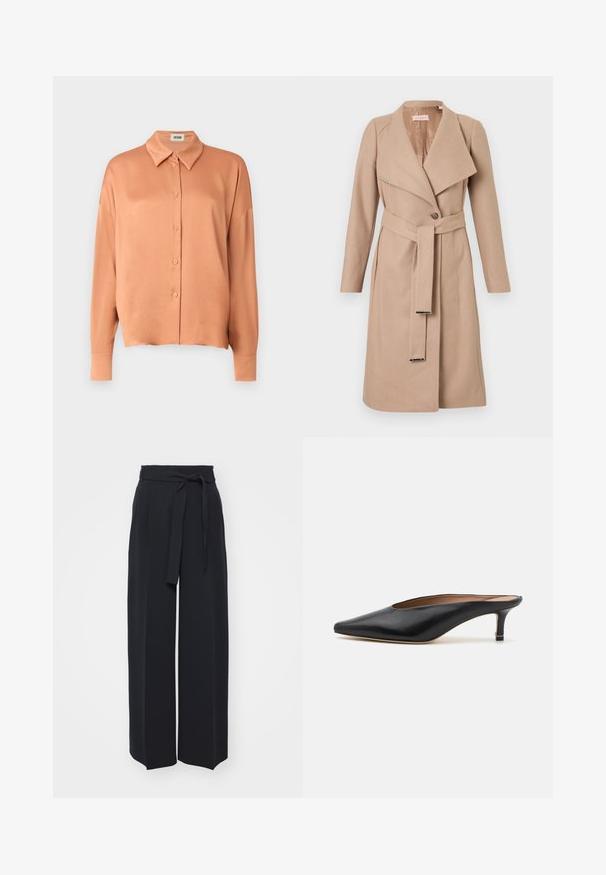 Beige knee-length wool coat with wide lapels, single button, matching belt with metal tips, and long sleeves, displayed flat against white background.; Peach-colored button-up shirt made from smooth fabric, featuring a classic collar, long sleeves, and a relaxed fit.; Wide-leg black trousers made of soft fabric. Features a belted waistband and front pleats. Smooth texture with a clean, contemporary design.; Black leather mules with a pointed toe and low, block heel. Smooth texture with a sleek design. Open back with minimal detailing.
