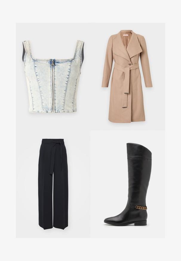 Beige knee-length wool coat with wide lapels, single button, matching belt with metal tips, and long sleeves, displayed flat against white background.; Denim crop top with a square neckline, light blue wash, exposed front zipper, and thick straps. Features vertical seam detailing throughout.; Wide-leg black trousers made of soft fabric. Features a belted waistband and front pleats. Smooth texture with a clean, contemporary design.; Tall black leather boots with a sleek design, pointed toe, and a gold chain accent at the ankle. Low block heel. Smooth texture.