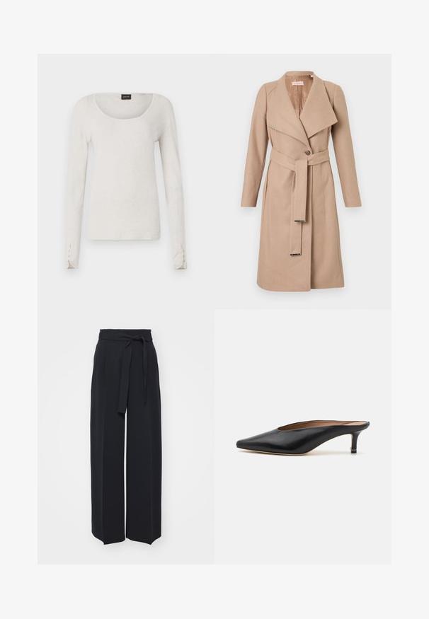 Beige knielanger Wollmantel mit breiten Revers, einem Knopf, passendem Gürtel mit Metallspitzen und langen Ärmeln, flach auf einem weißen Hintergrund präsentiert.; Langärmliges, hellgraues T-Shirt aus weicher Baumwolle mit einem Rundhalsausschnitt und Knopfakzenten an den Manschetten. Einfaches und minimalistisches Design.; Schwarze weite Hosen aus weichem Stoff. Mit einem Gürteltäfelchen und vorderen Falten. Glatte Textur mit einem klaren, modernen Design.; Schwarze Leder-Mules mit spitzem Zehenbereich und niedrigem Blockabsatz. Glatte Textur mit elegantem Design. Offene Rückseite mit minimaler Gestaltung.