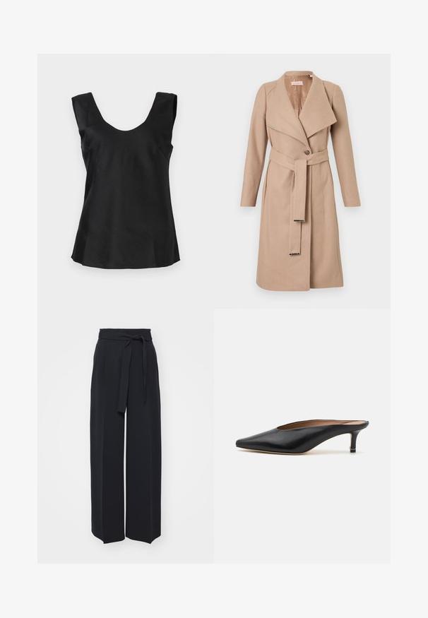 Beige wollen mantel tot de knie met brede revers, enkele knoop, bijpassende riem met metalen tips en lange mouwen, plat weergegeven tegen een witte achtergrond.; Zwarte mouwloze top met een ronde halslijn, gemaakt van een gladde, licht glanzende stof en een uitlopende zoom.; Zwarte wijde broek van zachte stof. Voorzien van een ceintuur en plooien aan de voorkant. Glad textuur met een strakke, hedendaagse stijl.; Zwarte leren muiltjes met een puntige neus en een lage, blokhak. Glad oppervlak met een gestroomlijnd ontwerp. Open achterkant met minimale details.
