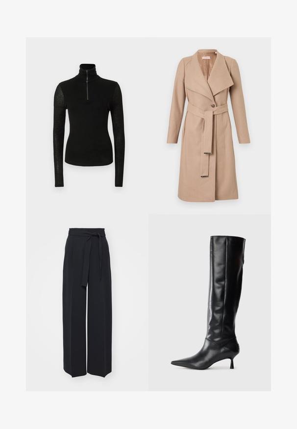 Beige knee-length wool coat with wide lapels, single button, matching belt with metal tips, and long sleeves, displayed flat against white background.; Black fitted long-sleeve shirt with high collar and half-zip front on plain white background.; Wide-leg black trousers made of soft fabric. Features a belted waistband and front pleats. Smooth texture with a clean, contemporary design.; Black leather knee-high boot with a pointed toe and slim curved heel. Smooth texture, fitted design, and no visible hardware or patterns.