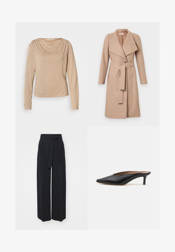 Beige wollen mantel tot de knie met brede revers, enkele knoop, bijpassende riem met metalen tips en lange mouwen, plat weergegeven tegen een witte achtergrond.; Beige top met lange mouwen en een gedrapeerde halslijn, een gladde textuur en knoopaccenten op de manchetten, gemaakt van een zachte, rekbare stof.; Zwarte wijde broek van zachte stof. Voorzien van een ceintuur en plooien aan de voorkant. Glad textuur met een strakke, hedendaagse stijl.; Zwarte leren muiltjes met een puntige neus en een lage, blokhak. Glad oppervlak met een gestroomlijnd ontwerp. Open achterkant met minimale details.