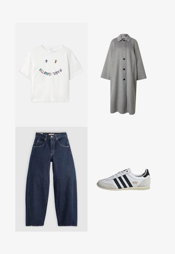 Lange grijze wollen jas met een kraaghalslijn, sluiting met knopen aan de voorkant en twee zijzakken. Heeft een zachte, gestructureerde afwerking en brede mouwen.; Witte katoenen t-shirt met korte mouwen, ronde halslijn en een kleurrijke "P.S. Smile" grafiek gedrukt in een gebogen indeling op de voorkant.; Donkerblauwe denim jeans met een losse fit, lichte stiksels, vijf zakken en een knoopsluiting op de taille.; Witte sneaker met zwarte strepen en gouden branding. Bevat suède en leren materialen, geperforeerde bovenkant en een getextureerde rubberen zool.