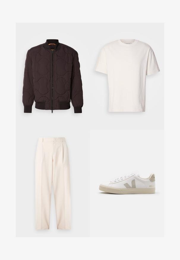 Dark brown quilted bomber jacket with front zipper, ribbed cuffs and collar, and subtle circular stitching patterns.; Cream-colored cotton t-shirt with a crew neck. Short sleeves and a relaxed fit. Features a small logo on the neckline. Smooth texture.; Beige tailored trousers with a high waist, pleats, and a straight leg design. Made from smooth fabric with side pockets and a clean finish.; White leather sneaker with beige accents, flat rubber sole, round toe, and contrasting logo on the side and back. Laced design.