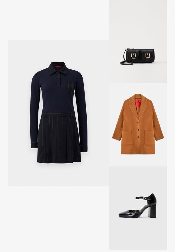 Brauner Wollmischungs-Mantel mit Reverskragen, drei Knöpfen, zwei Fronttaschen und rotem Innenfutter. Glatte Textur mit taillierter Passform.; Marineblaues Polokleid mit langen Ärmeln, gerippter Textur, Knopfverschluss und einer Brusttasche; der Rock hat vertikale Streifen und Falten.; Schwarze patentierte Leder-High Heels mit quadratischer Zehenform, Knöchelriemchen und dicker Absatz. Enthält durchbrochene Details entlang des Randes.; Schwarze Leder-Umhängetasche mit zwei vorderen Taschen, goldenen Schnallen, Reißverschluss und einem schmalen Tragegurt. Texturierte Oberfläche und kompakte rechteckige Form.
