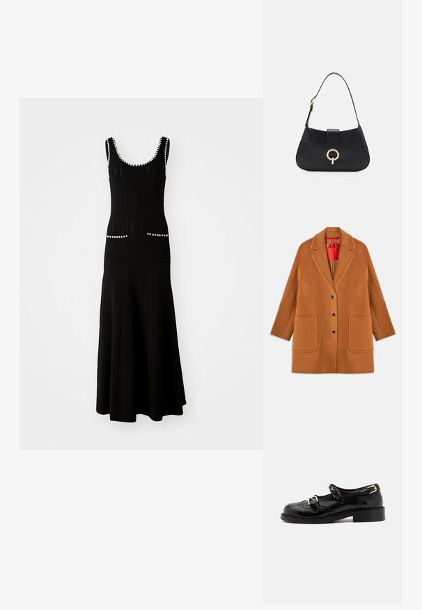 Bruine wollen blend jas met geknipte revers, drie knopen, twee voorzakken en een rode binnenvoering. Soepele textuur met een getailleerde pasvorm.; Zwart gebreid jurk met een aansluitende top en een uitlopende rok. Bevat witte kraalaccenten langs de halslijn en zakken. Textuurstof.; Zwarte leren schoenen met brogue-details, voorzien van twee gespsluitingen, een ronde neus en een lage hak. Glad oppervlak met een glanzende afwerking.; Zwarte leren handtas met een gebogen silhoutte, korte schouderband, centrale goudkleurige hardware en een gladde textuur. Geen zichtbare patronen of accenten.
